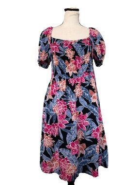 Roxy Womens Large Floral Dress Smocked Puff Sleeve Square Neck Tropical Sundress